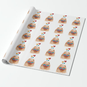 Papier Cadeau Chien Poméranie avec coeurs Saint-Valentin