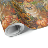 Papier Cadeau Chien Poméranie récolte d'automne Thanksgiving (Coin rond)