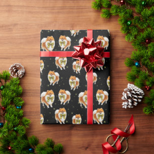 Papier Cadeau Chien Poméranien festif au noeud papillon à motif