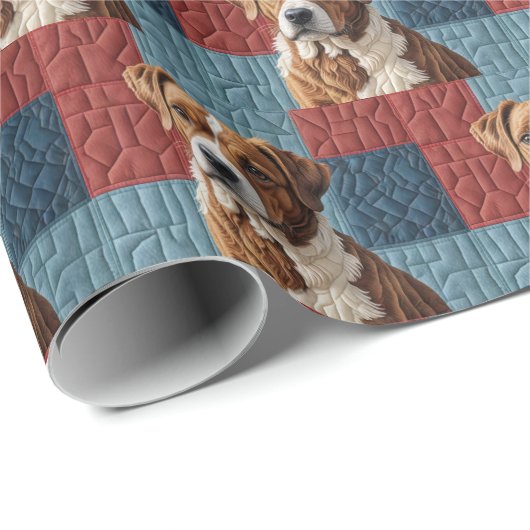 Papier Cadeau Chien Quilé sur Motif Patchwork (Coin rond)