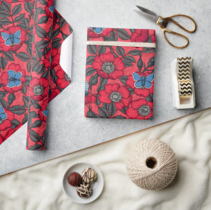 Papier Cadeau Chien rose et papillons en rouge et bleu