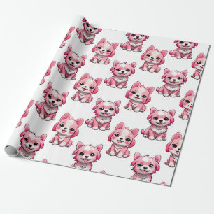 Papier Cadeau Chien rose Motif design - blanc