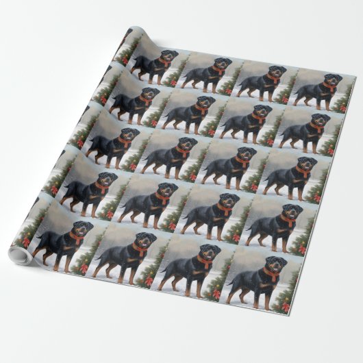 Papier Cadeau Chien Rottweiler pendant Noël de neige (Déroulé)