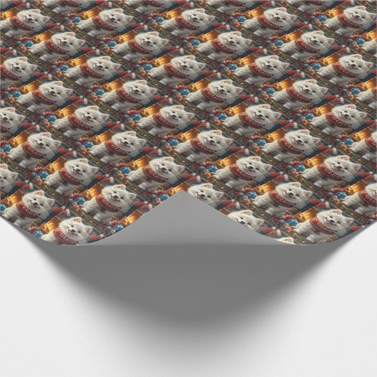 Papier Cadeau Chien Samoyé Avec Foyer Cadeaux De Noël (Coin)