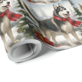 Papier Cadeau Chien sibérien Husky à Noël de neige (Coin rond)