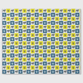 Papier Cadeau Chien-taureau et silhouette paw Grille jaune&bleu  (Plat)