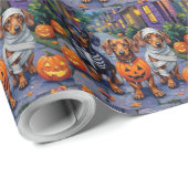 Papier Cadeau Chiens de Dachshund Trick-or-Treating en Halloween (Coin rond)