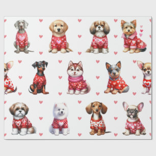 Papier Cadeau Chiens de la Saint Valentin mignons en blanc