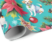 Papier Cadeau Chiens De Noël Et Poinsettias (Coin rond)