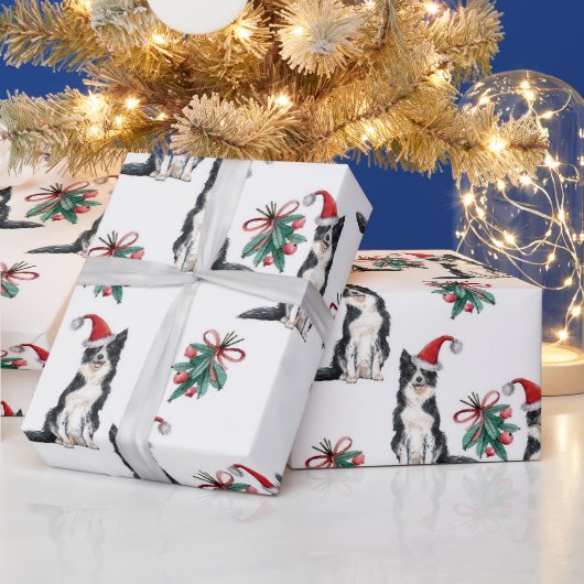 Papier Cadeau Chiens de Noël mignons avec chapeaux de Noël Holly (Vacances)