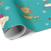 Papier Cadeau Chiens de Noël mignons sur Motif Sleds (Coin rond)
