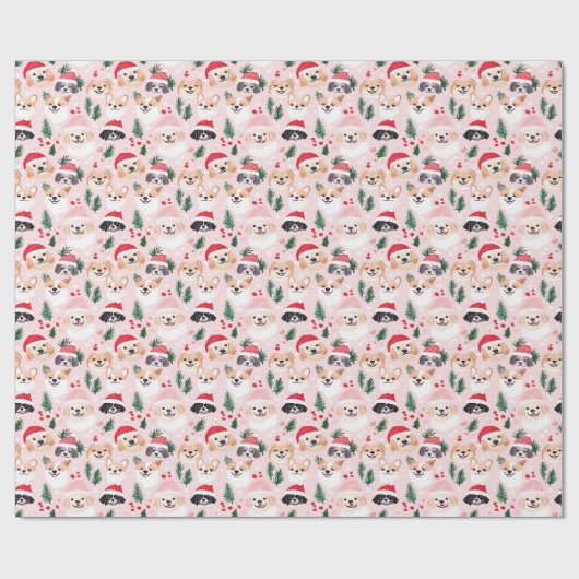 Papier Cadeau Chiens de Noël Rose (Plat)