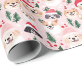 Papier Cadeau Chiens de Noël Rose (Coin rond)