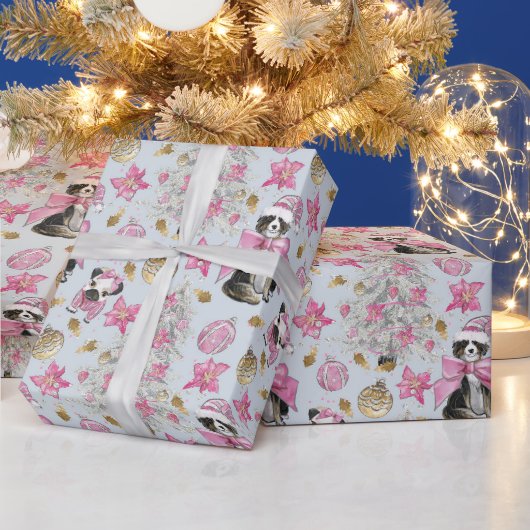 Papier Cadeau Chiens de Noël roses (Vacances)