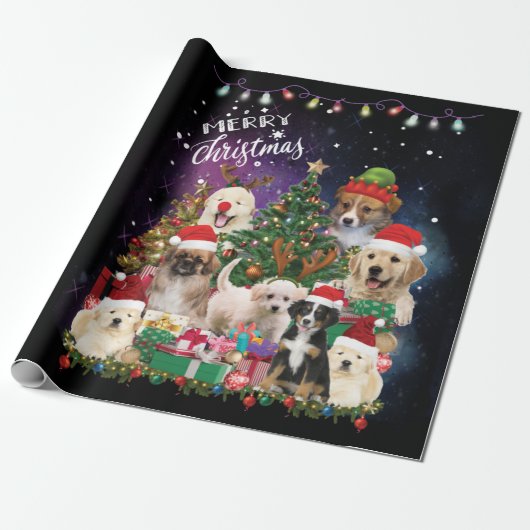 Papier Cadeau Chiens Joyeux Noël Lumière (Déroulé)