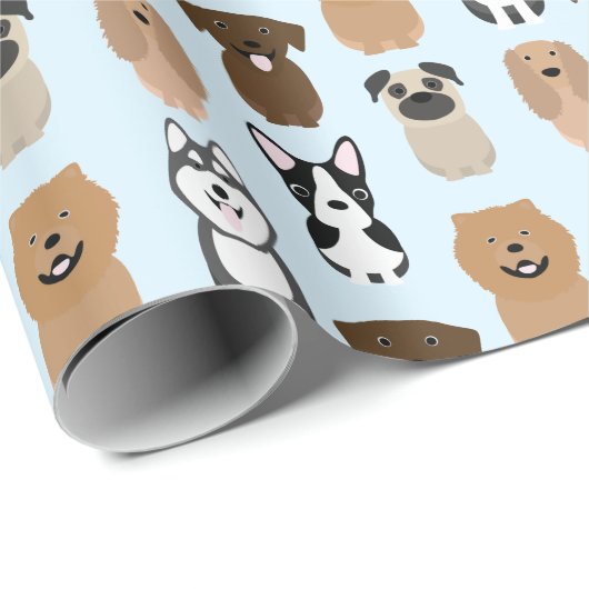 Papier Cadeau Chiens mignons, Carlin, Boston, Lab, Chow, Husky,  (Coin rond)
