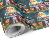 Papier Cadeau Chiens Pekingese Citrouille Halloween drôle (Coin rond)