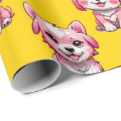 Papier Cadeau Chiens roses mignons - Jaune  (Coin rond)