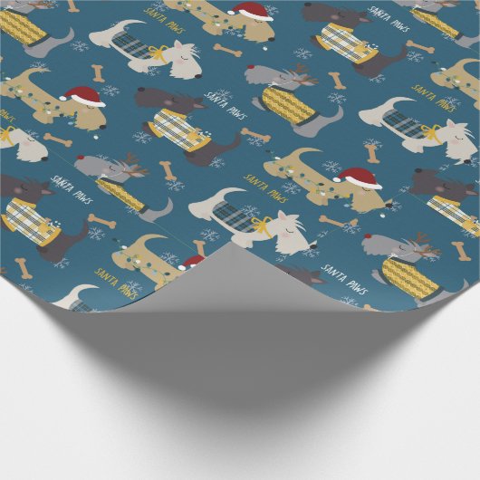 Papier Cadeau Chiens Terrier en casquettes de Noël en bleu (Coin)