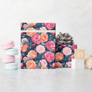 Papier Cadeau Chiffon Motif Rose rose rouge