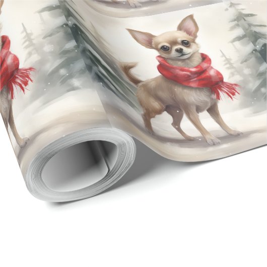 Papier Cadeau Chihuahua Chien dans Noël de neige (Coin rond)