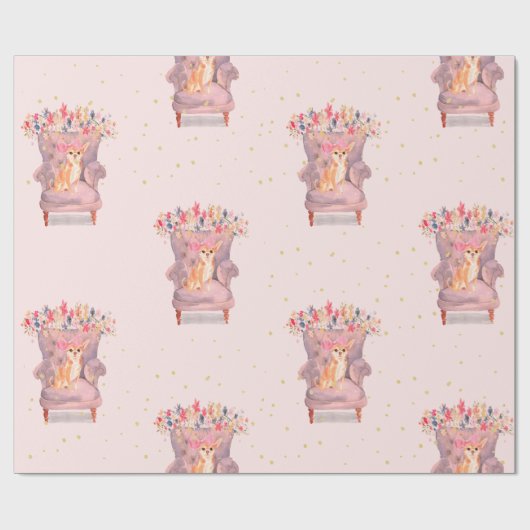 Papier Cadeau Chihuahua Chien Floral Pink Gold Spots (Plat)