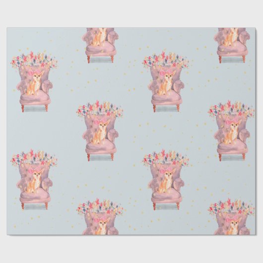 Papier Cadeau Chihuahua Chien Floral Rose Blue Gold Spots (Plat)