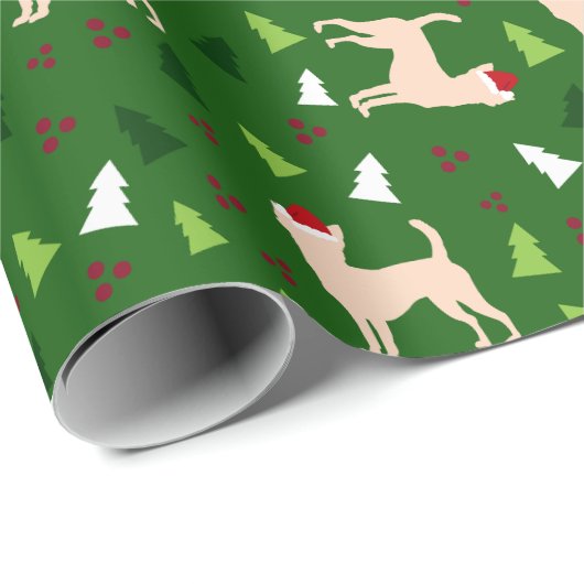 Papier Cadeau Chihuahua Chiens à Santa Hats Noël VERT (Coin rond)