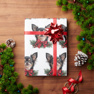 Papier Cadeau Chihuahua mignon avec noeud de Noël