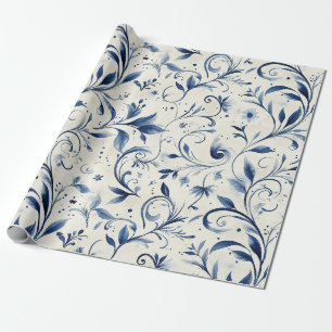 Papier Cadeau Chinoiserie aquarelle bleue vigne et fleurs