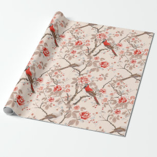 Papier Cadeau Chinoiserie Asiatique Oiseaux rouges Pink Flower D