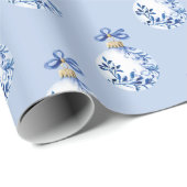 Papier Cadeau Chinoiserie Bleu & Blanc Ornements de Noël (Coin rond)