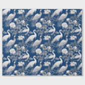 Papier Cadeau Chinoiserie Bleu Blancs Peinture Oiseaux (Plat)