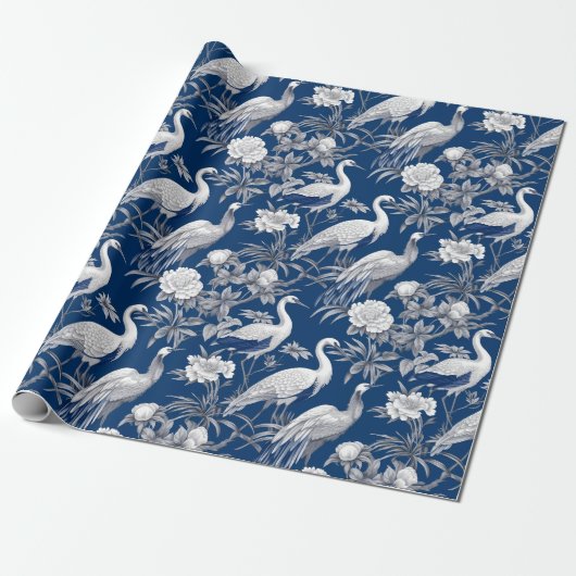 Papier Cadeau Chinoiserie Bleu Blancs Peinture Oiseaux (Déroulé)