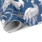 Papier Cadeau Chinoiserie Bleu Blancs Peinture Oiseaux (Coin rond)