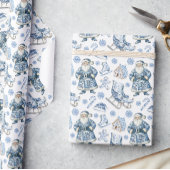 Papier Cadeau Chinoiserie bleue et blanche Noël Père Noël
