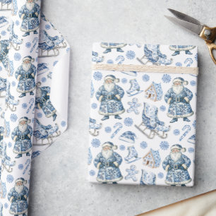 Papier Cadeau Chinoiserie bleue et blanche Noël Père Noël