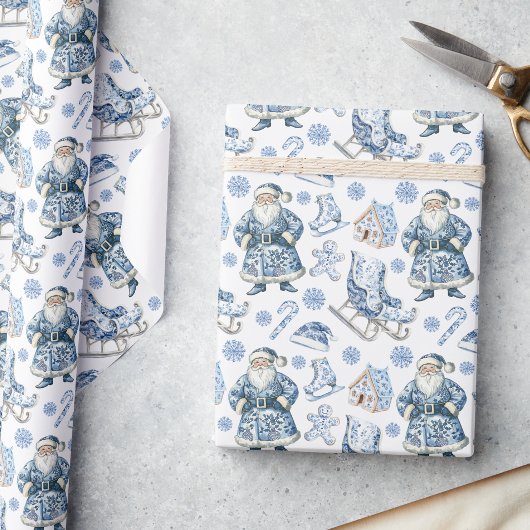 Papier Cadeau Chinoiserie bleue et blanche Noël Père Noël