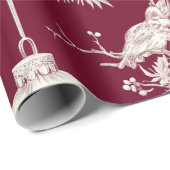 Papier Cadeau Chinoiserie Bourgogne & Ornement de Noël blanc (Coin rond)