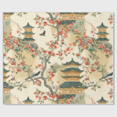 Papier Cadeau Chinoiserie élégante - Pagodes, Fleurs et Oiseaux (Plat)