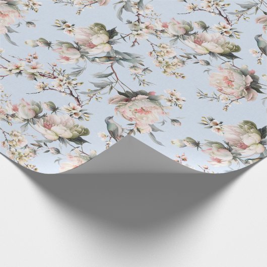 Papier Cadeau Chinoiserie Fleur et Oiseau Bleu Clair (Coin)