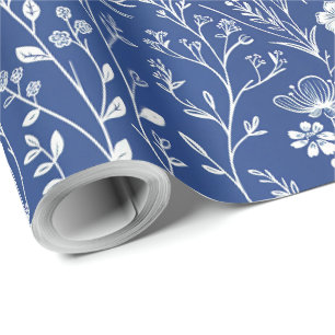 Papier Cadeau Chinoiserie Fleur Sauvage Bleue et Blanche