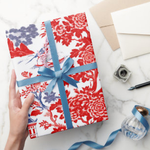 Papier Cadeau Chinoiserie Florale Delft Rouge Bleu Vintage