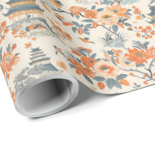 Papier Cadeau Chinoiserie Maison Florale Orange Crème