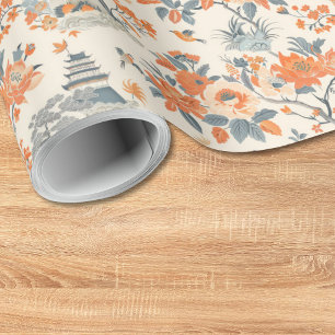 Papier Cadeau Chinoiserie Maison Florale Orange Crème
