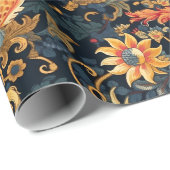 Papier Cadeau Chinoiserie Motif rouge jaune bleu (Coin rond)