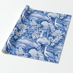Papier Cadeau Chinoiserie Oiseaux Bleu Blanc Peinture