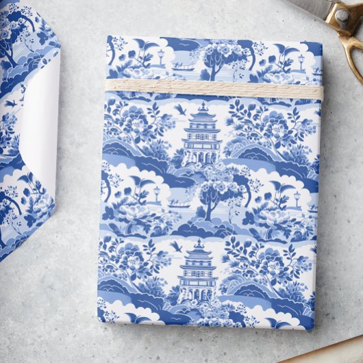 Papier Cadeau Chinoiserie Pagode Bleue & Blanche