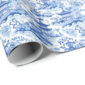 Papier Cadeau Chinoiserie Pagode Bleue & Blanche (Coin rond)