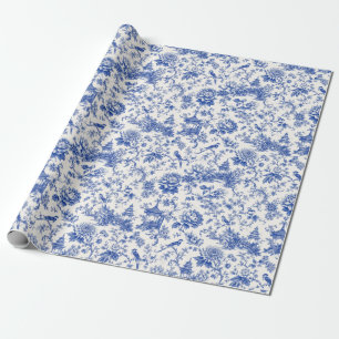 Papier Cadeau Chinoiserie Pagode Vintage Florale Bleu et Blanc